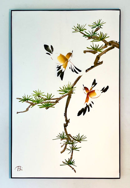 Swallows and evergreen